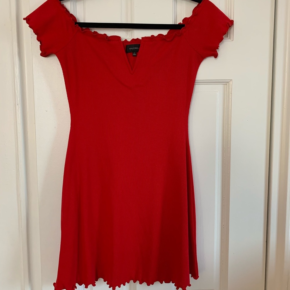 MAJORELLE red off-the-shoulder dress, size S.